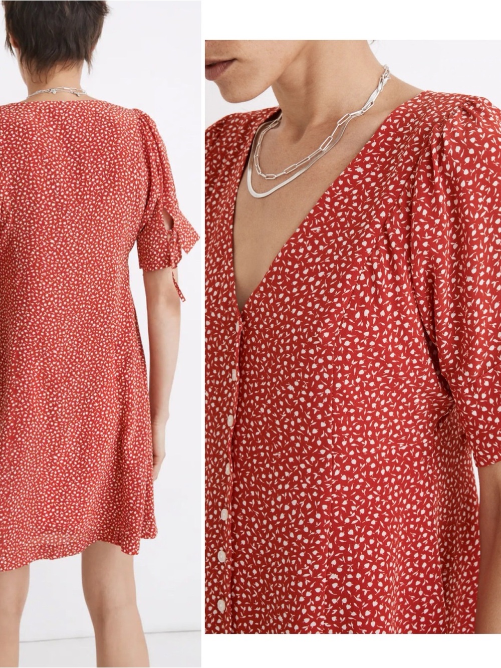 Madewell Womens Silk Button-Front Mini Dress In Park Picnic Size 4 Kilt Red - Picture 2 of 9